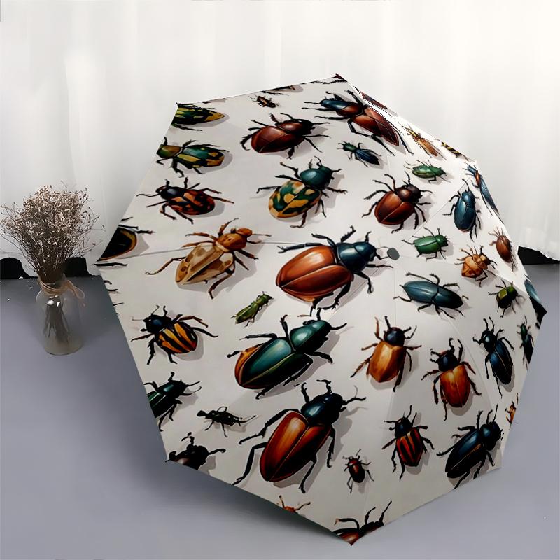1pc Collection of Colorful Beetles Pattern Beautiful Looking Automatic Folding Umbrella, 3 Folding, 8 Iron Frame Design, Durable and Suitable for Trav