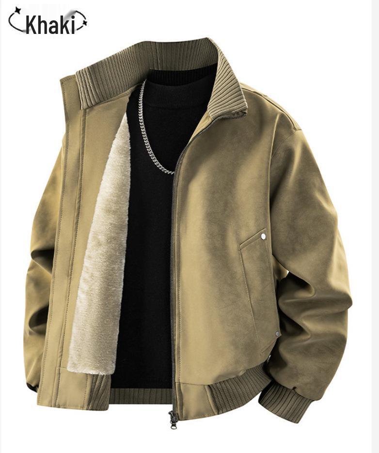 

Men s Winter PU Leather Jacket, Thickened with Plus Velvet, Korean & Hong Kong Style, Casual Warm Cotton Jacket for Couples. M хакі