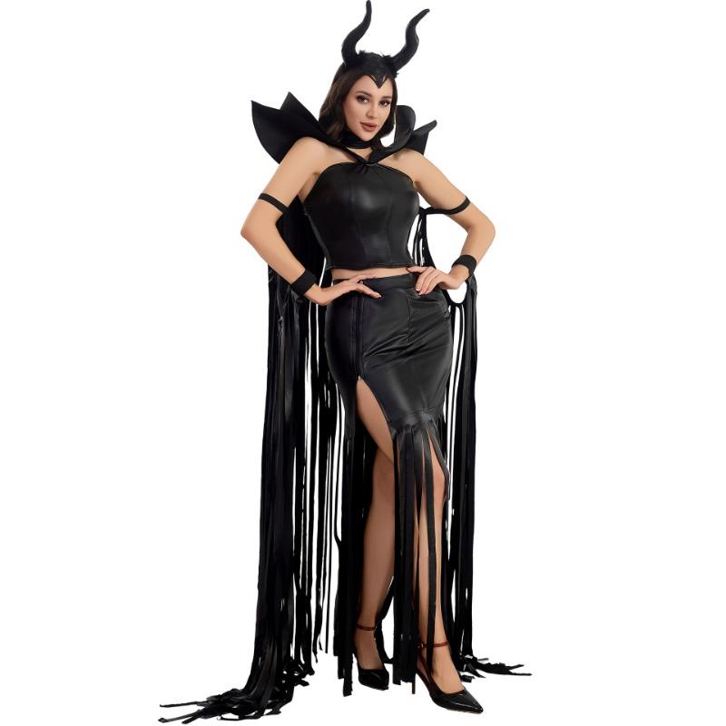 Movie Sleeping Spell Sexy Witch Goth Vampire Halloween Costume Black Leather Dress