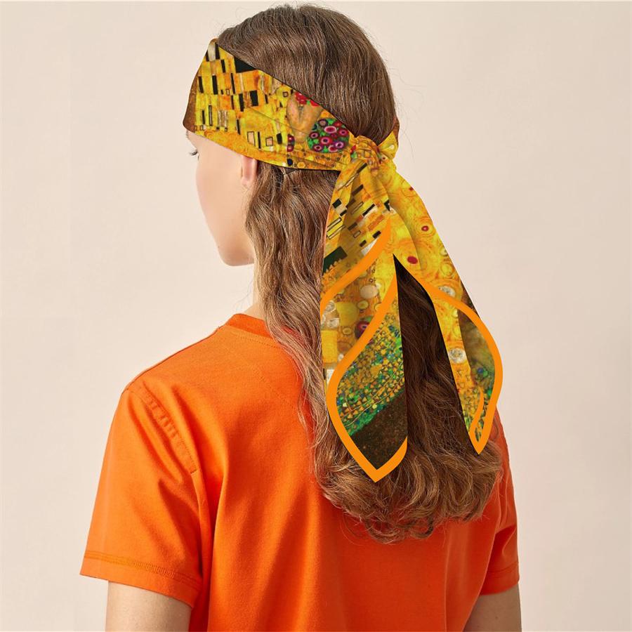Silk Scarf Women Klimt Kiss Print Square Scarves Head Echarpes Silk Foulards Femme Wraps Beach Shawls Bandana Lady Hijabs 90CM