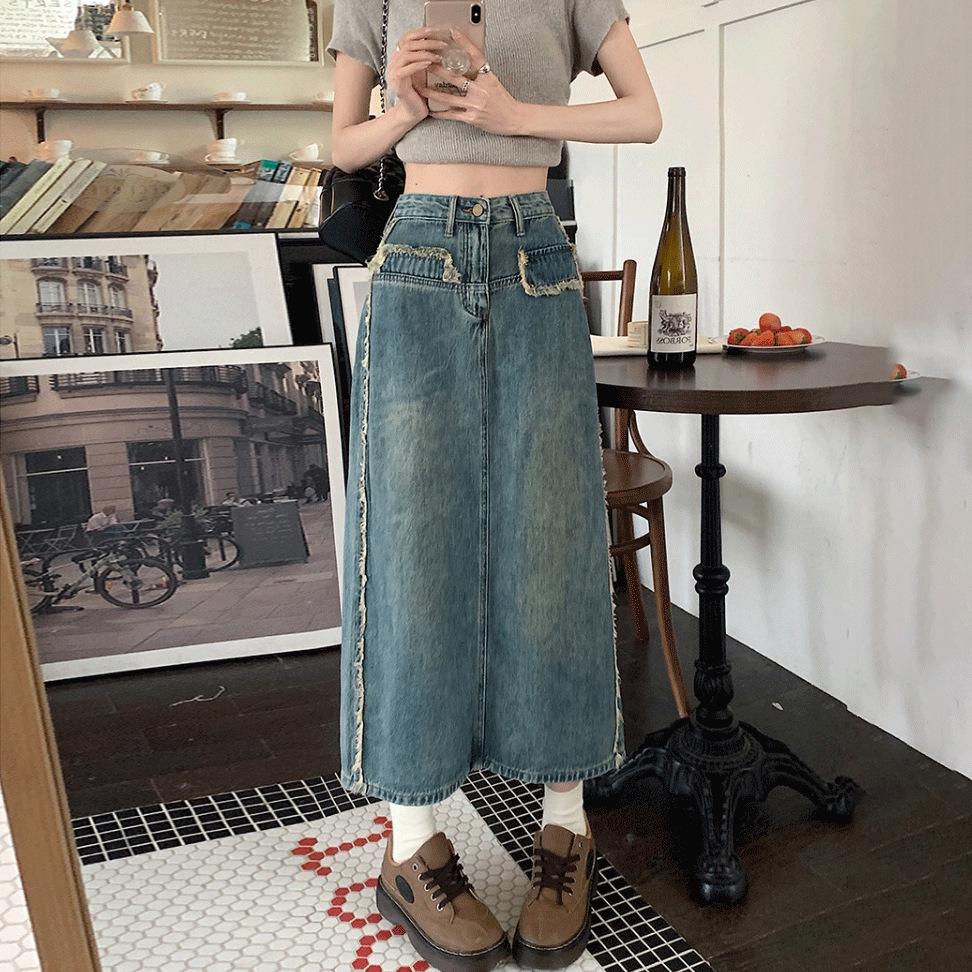 

2025 Spring Women s High-Waisted Slit Denim A-Line Skirt M синій