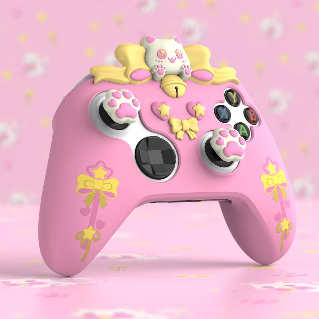 PlayVital Sweetheart Kitty Silicone Cover for Xbox Series Includes Thumb Grips and Cute Grip Cover X/S Controllers, Stickers, Design, Non-Slip [Pink]