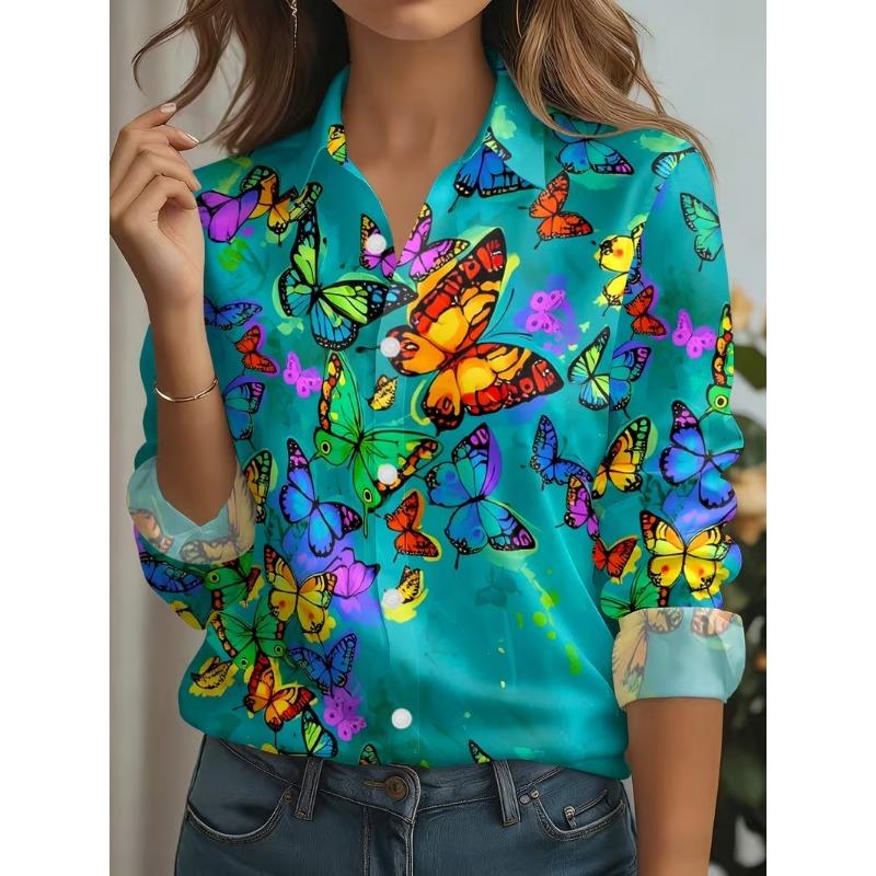 2026 Autumn New 3D Floral Print Blouse Ladies Long Sleeve Button Laple Loose Shirt Tops Casual Fashion Spring Women's Clothing