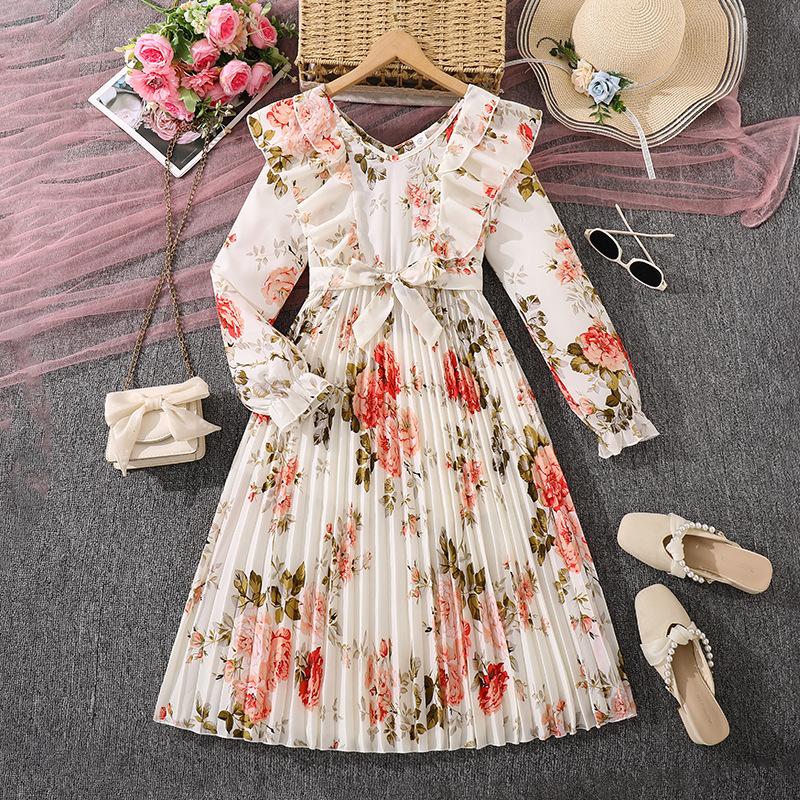 

Платье для девочки с длинными рукавами, с цветочным принтом, детское, повседневное, принцессы, одежда 9Y бежевый