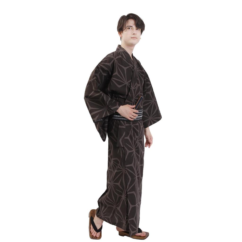 Fuuka Yukata and Obi Set Size Hemp Leaf Pattern Size Z33002X Men's (2 Pieces), LL, Brown, (Obi/Black, B43)