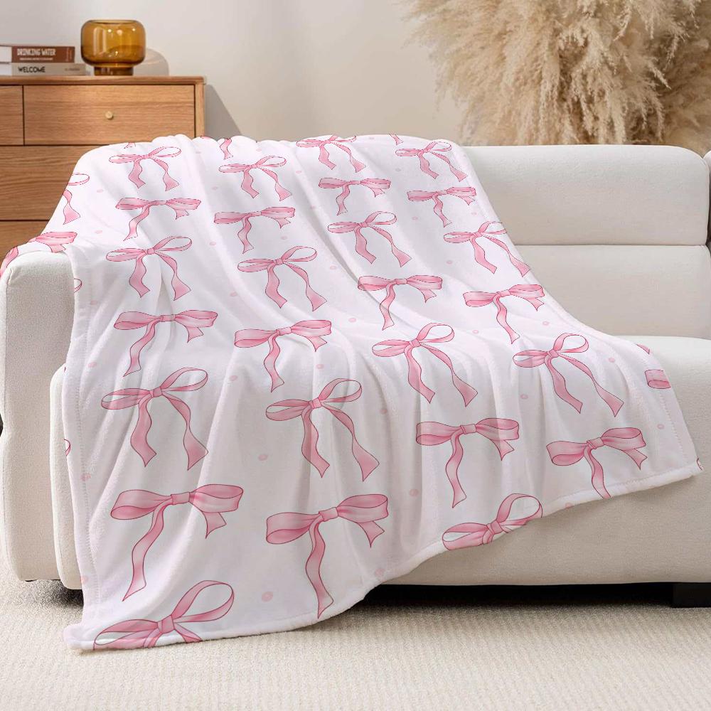 Fashion Print Pink Ribbon Blanket For Sofa Office Bed Plane Travel Sleep Read Relax Camping Soft And Warm
