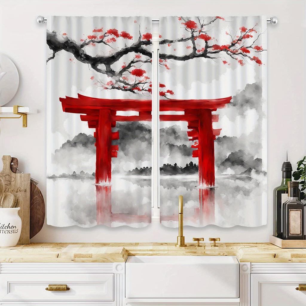 2pc Red Torii gate and cherry blossom black and white gray curtains   polyester fabric   suitable for bedroom living room