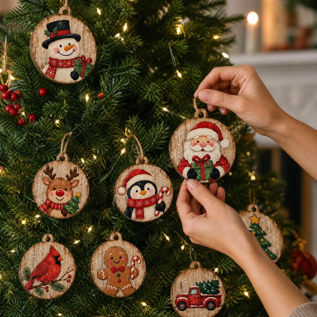 2D Wooden Christmas Decorative Hanging Ornaments, 10-Piece Set, 2, Holiday Tree Decor