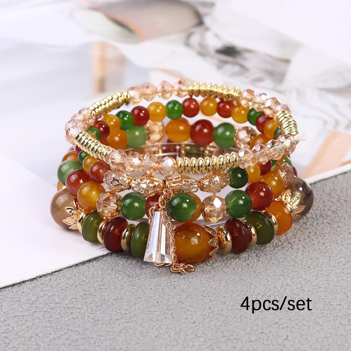 Multi- Crystal Bracelet Set, Bohemian Ethnic Beaded Bracelet One Size