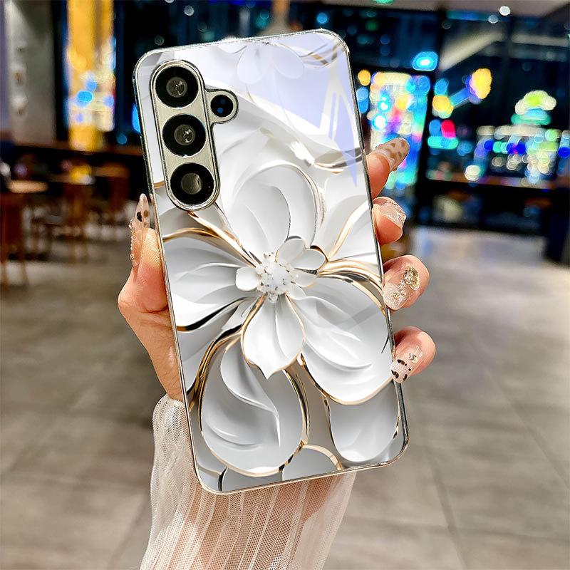 Edge White Flower Silver Phone Case For Samsung A30s A31 A32 A34 A36 A37 A50 A51 A52 A53 A54 A55 A56 A57 A71 A72 A73 Glass Cover