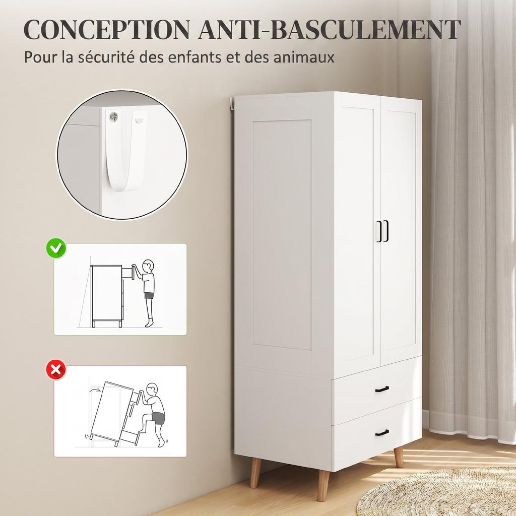 Bedroom Wardrobe, 2 Soft-Close Doors, 2 Drawers, Hanging Rail, 80 x 54 x 180 cm, White