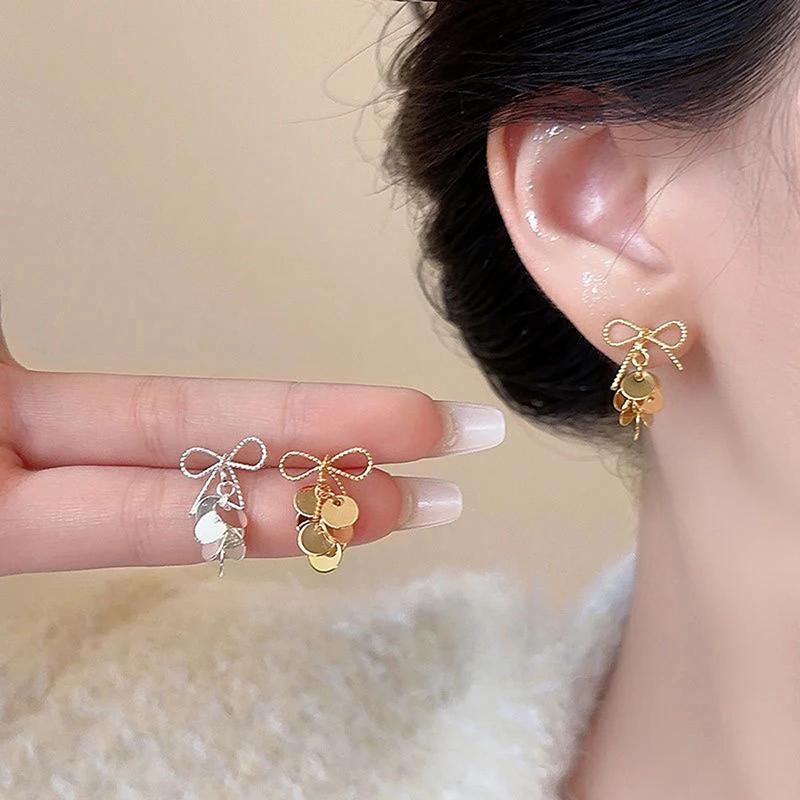 Sweet Bow Sequin Metal Tassel Earrings for Women Light Luxury Niche Fashion Jewelry Personality Temperament Versatile Earrings