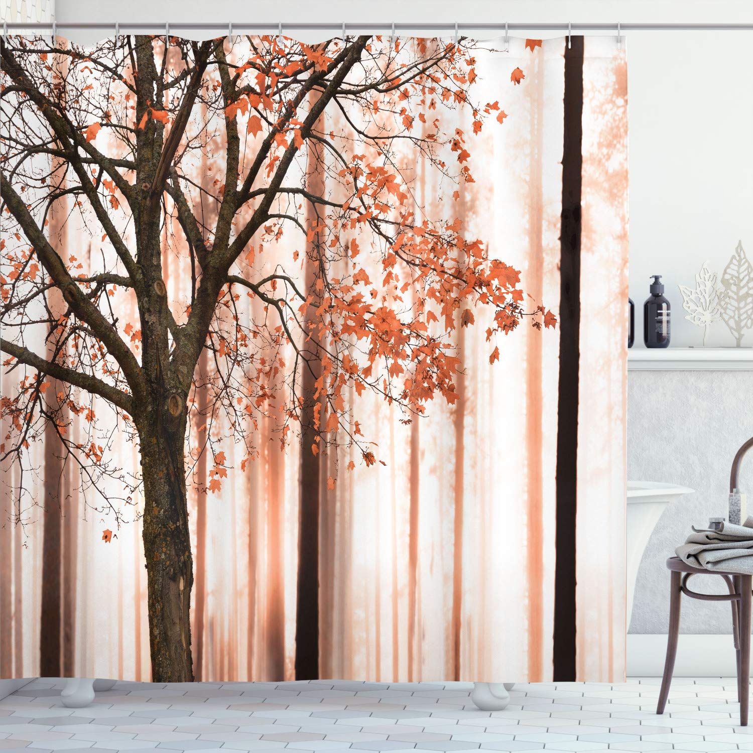 

Autumn Shower Curtain,Fall Season Theme Forest Tree Leaves on An Abstract Woodland Background Bathroom Curtains with Hooks W90xH180cm(35x70 in)