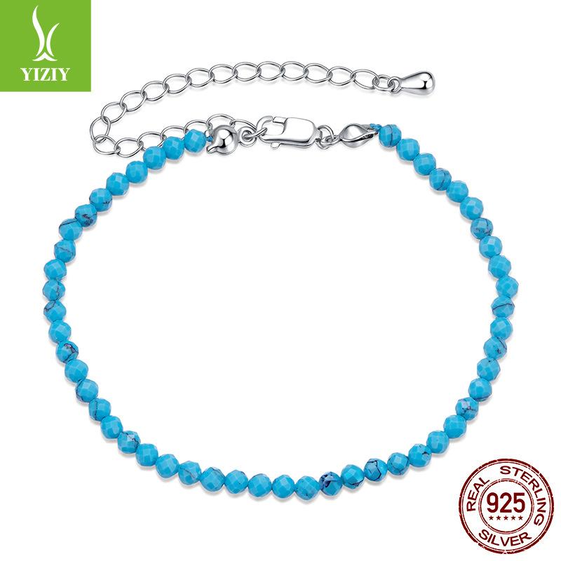 Blue Turquoise Bracelet Women'S, French Premium Sense Simple Diy Beaded Bracelet 925 Sterling Silver