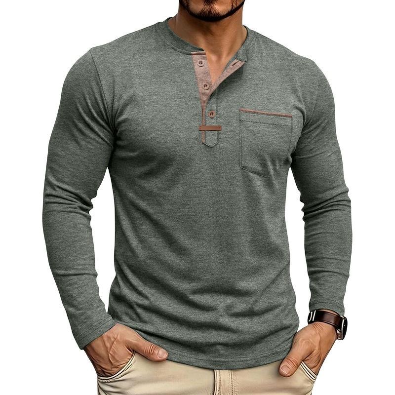 Autumn Winter Mens Henley Long Sleeve T-Shirt Contrast Collar Placket 3 Buttons Chest Pocket Soft Casual Daily Tops