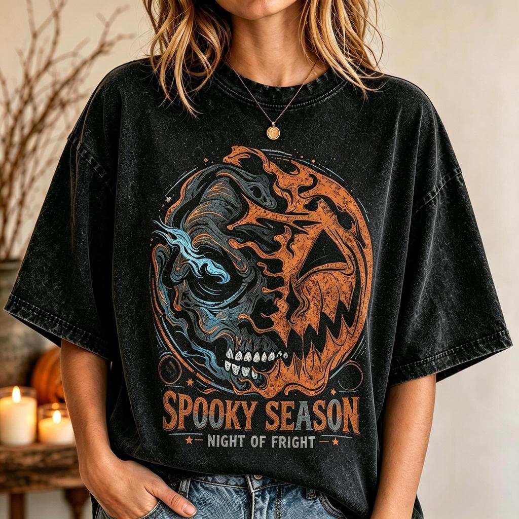 Vintage Halloween Skull Shirt,Spooky Season Graphic Tee,Washed Black Pumpkin Tee, Gothic Horror Shirt, Retro Fall Shirt,Unisex Oversized Tee