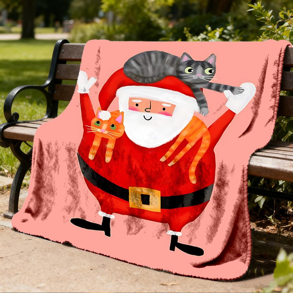 1pc Santa Claus , Cats Outdoor Flannel Blanket Soft All Season Polyester Throw , Perfect for Picnics & Travel , Picnic Accessory