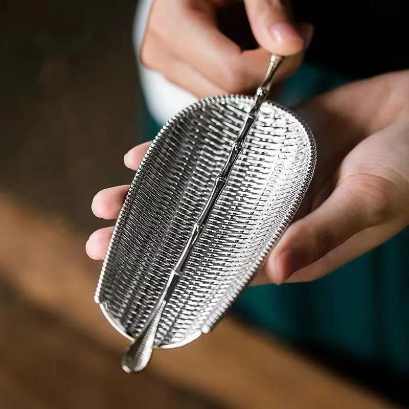 Alloy Bamboo Weaving Shape Tea Shovel Spoons Set Handmade Dustpan Shape Tea Trays Teaspoon Separator Vessel Teaware Accessories