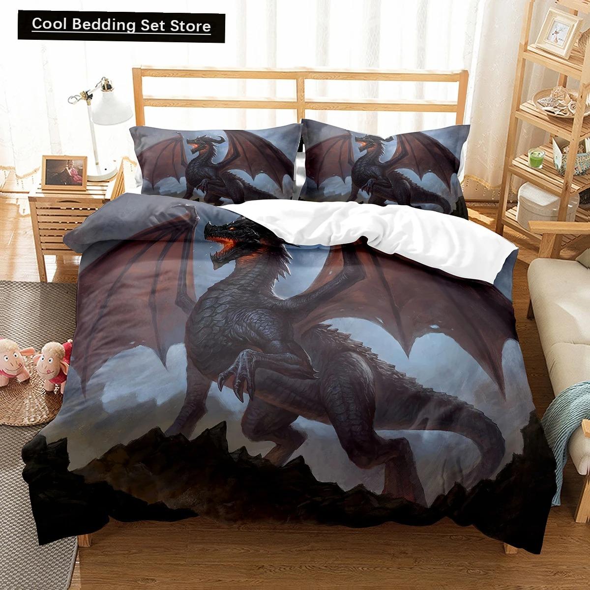 

Fly Dragon King Queen Duvet Cover Western Sci-fi Dragon Bedding Set Polyester Comforter Cover for Men Boys 70x133cm 2pcs