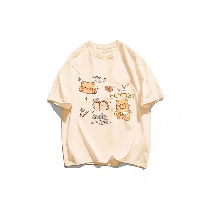 

2024 Летняя женская футболка с мультяшным принтом, круглым вырезом, свободная, повседневная, стройнящая, больших размеров Large