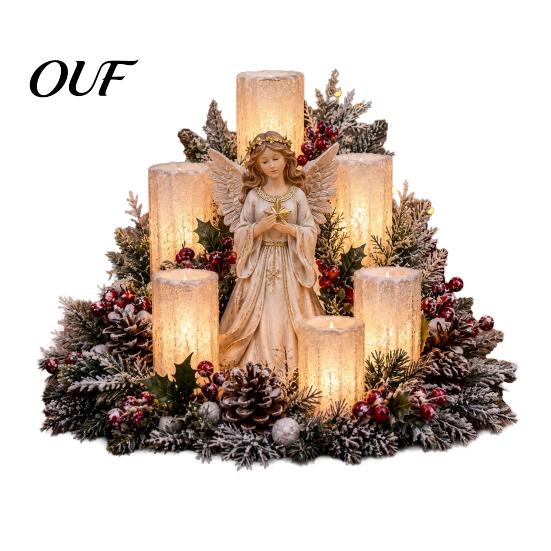 Holiday Gift for Her Christmas LED Candle Centerpiece with Artificial Cedar Pine Cones And Red Berries, Mantel Decorations Flameless Winter