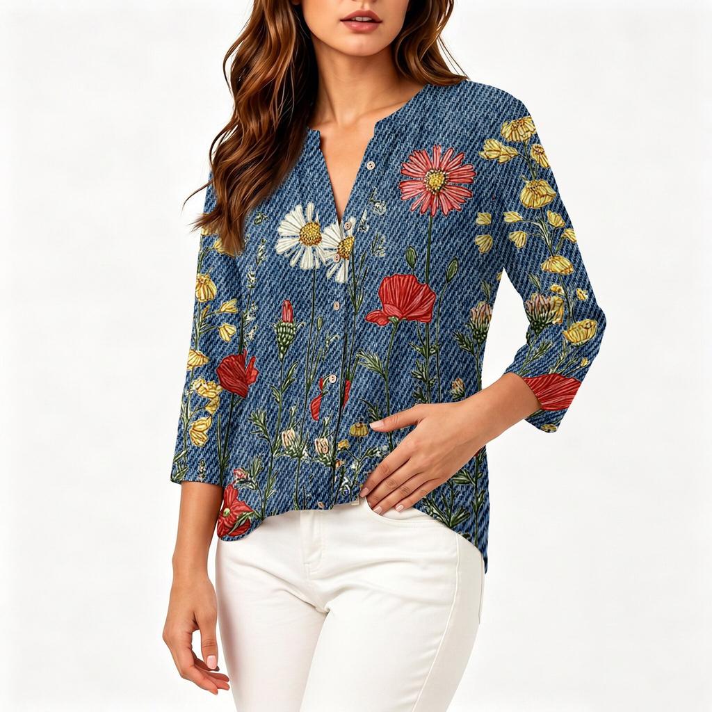 Women Vintage Floral Print Henley Button Neck Three Quarter Sleeve Linen Cotton Blouse Casual Loose Fit Shirt