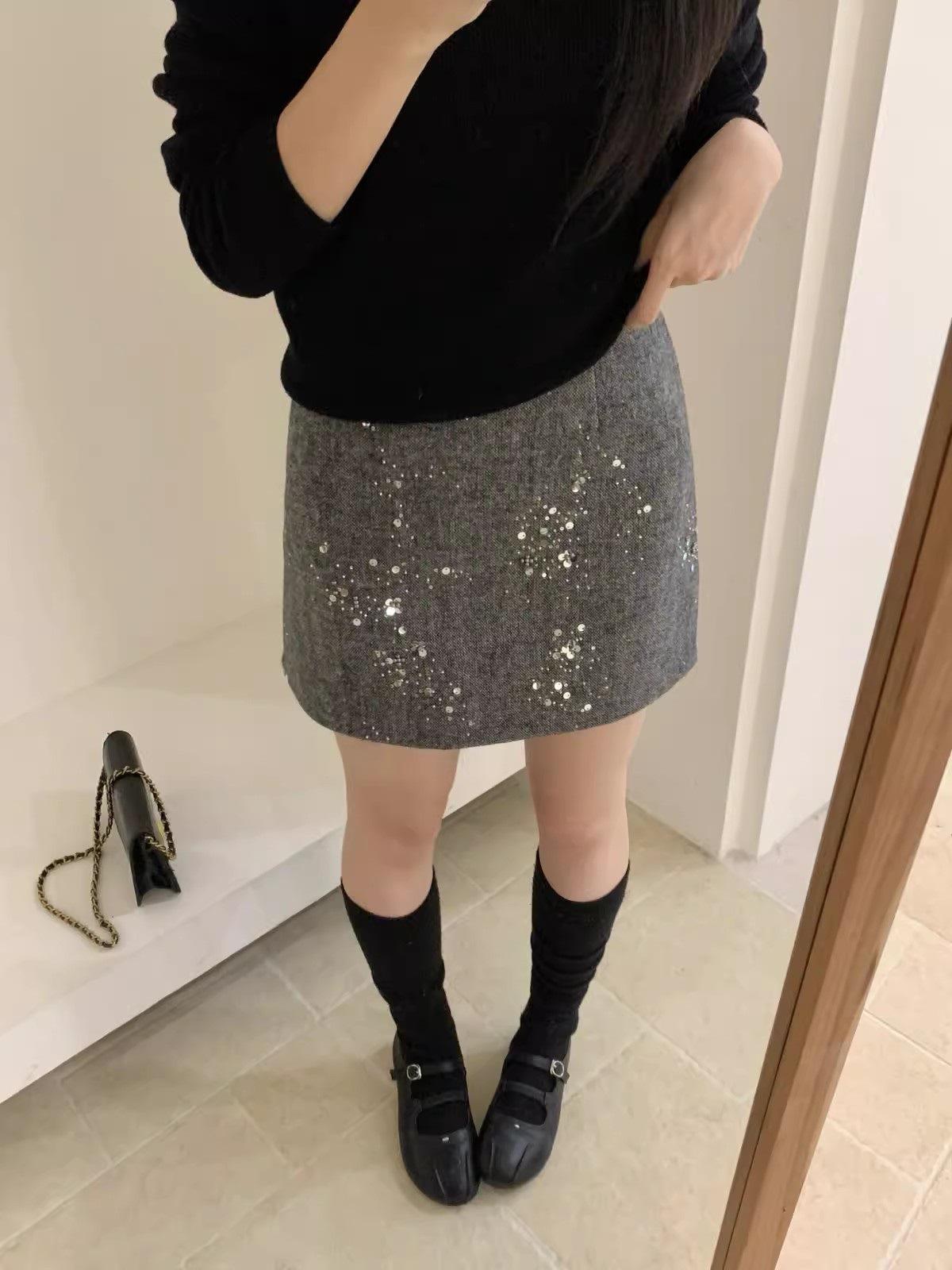 

Women s High-Waisted Light Brown Sequin Wool A-Line Short Skirt - Elegant, Slimming Autumn/Winter Style Small