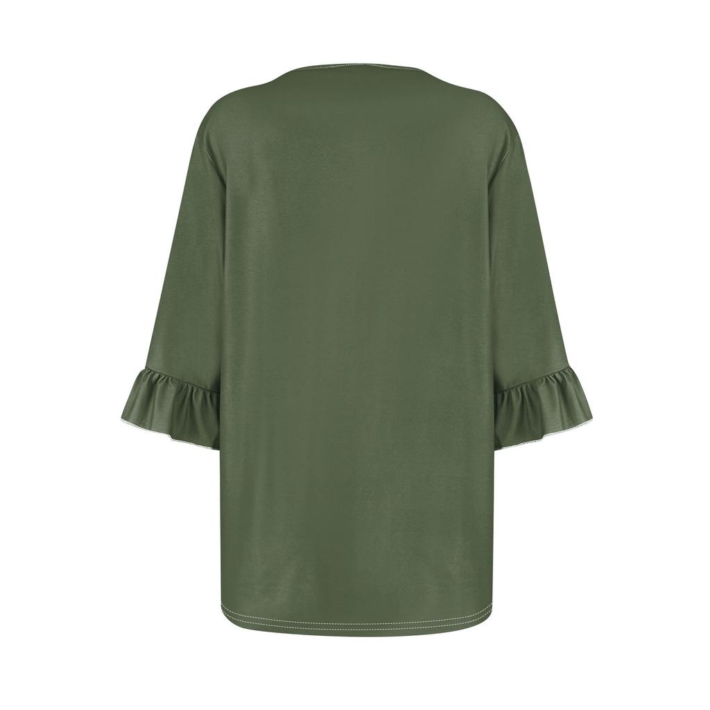Women's Fashion Casual Color Printed V-Neck Pleated Seven Minute Sleeve Ruffle Sleeve T-Shirt Plus Size Tops