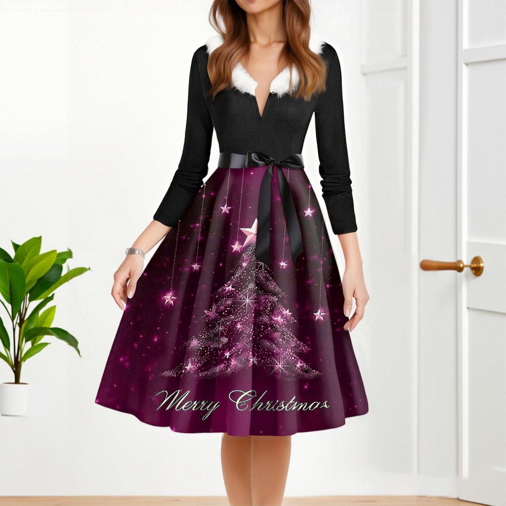 Women's Fashion Round Casual Slim Fit Christmas Print Large Swing Long Sleeve Dress