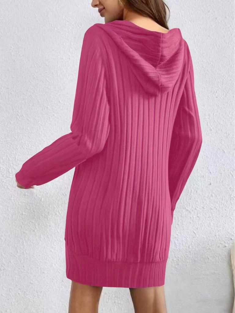 2025 Autumn/Winter Knit Hooded Ribbed Pocket Long Sleeve Dress for Women