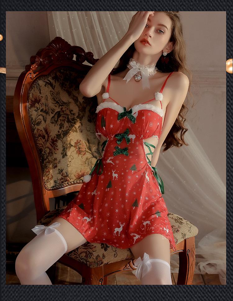 Rose-Inspired Sexy Sheer Mesh Christmas Lingerie Set 4930: Elegant Low-Cut Temptation Slip Dress