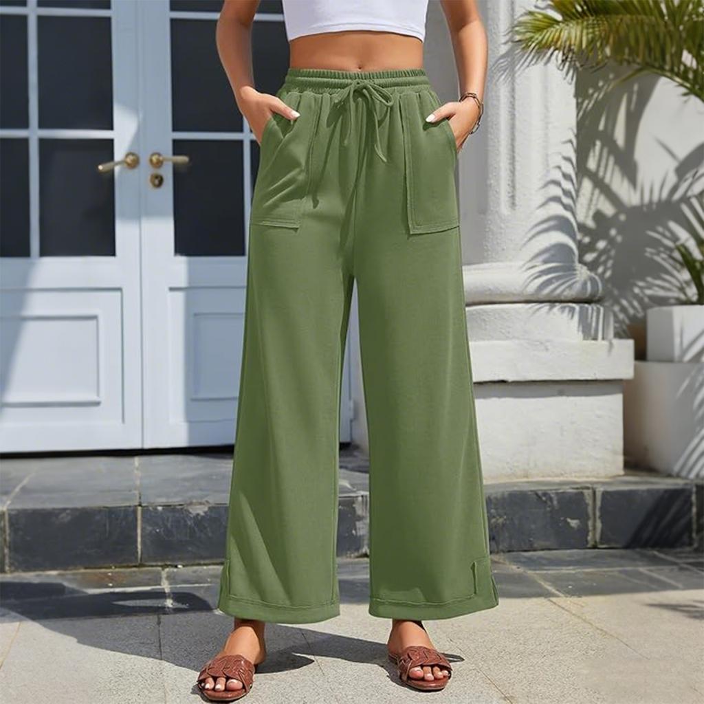 Damen locker bequem lässig Mode Farbe elastischer Bund mit Gürtel Taschen weite Hose