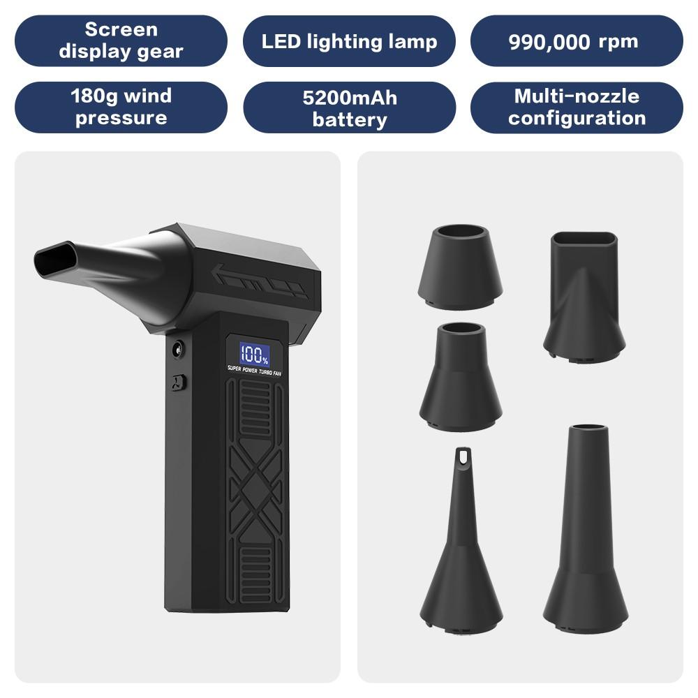 

P80 Турбовентилятор 990000 об/мин Турбоструйный вентилятор Электрический воздуходув для чистки Портативный инструмент для выдувания пыли Зарядка Type-C 4 скорости регулировки чёрный