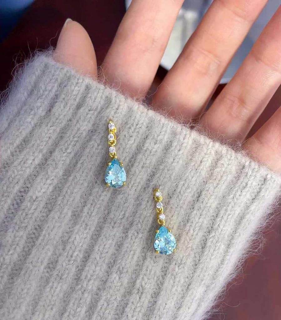 Kolczyki w kształcie łzy z akwamarynem, Srebro Sterlingowe S925, Pozłacane 18K Złotem, Błękitny Topaz w Kształcie Gruszki z Frędzlami dla Kobiet