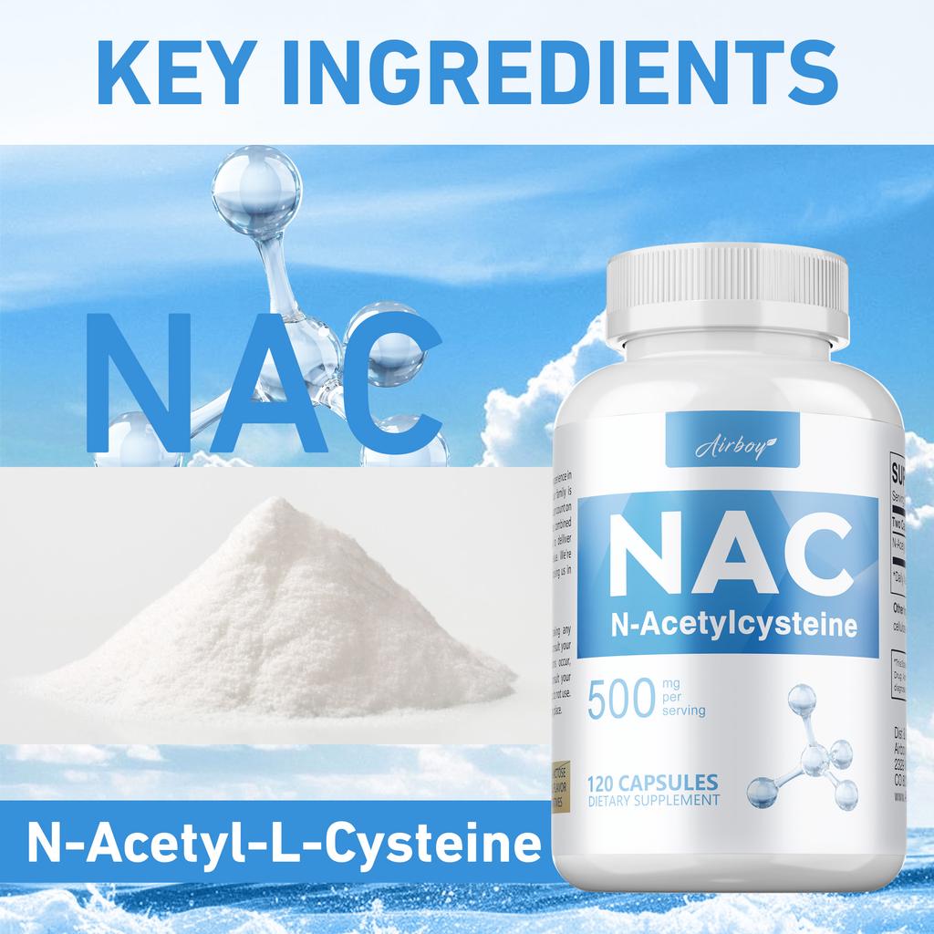 Airboy NAC Supplement, 500mg, sulfur-containing amino acid extract, immune health support.