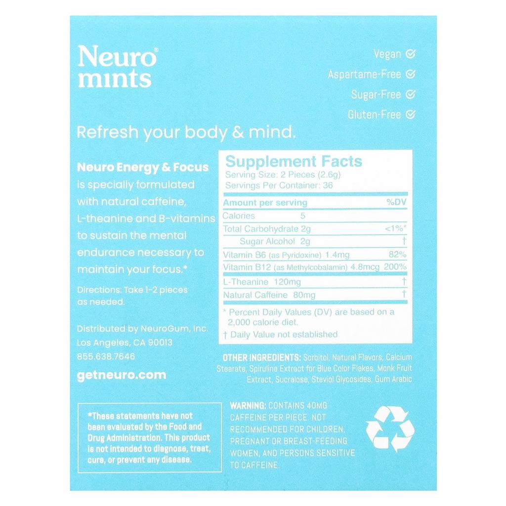 Neuromints, Energie & Soustředění, Máta peprná, 6 balení, 12 kusů v každém