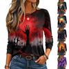 Women's Halloween Print Long Sleeve Neck Pullover T-Shirt for Fall