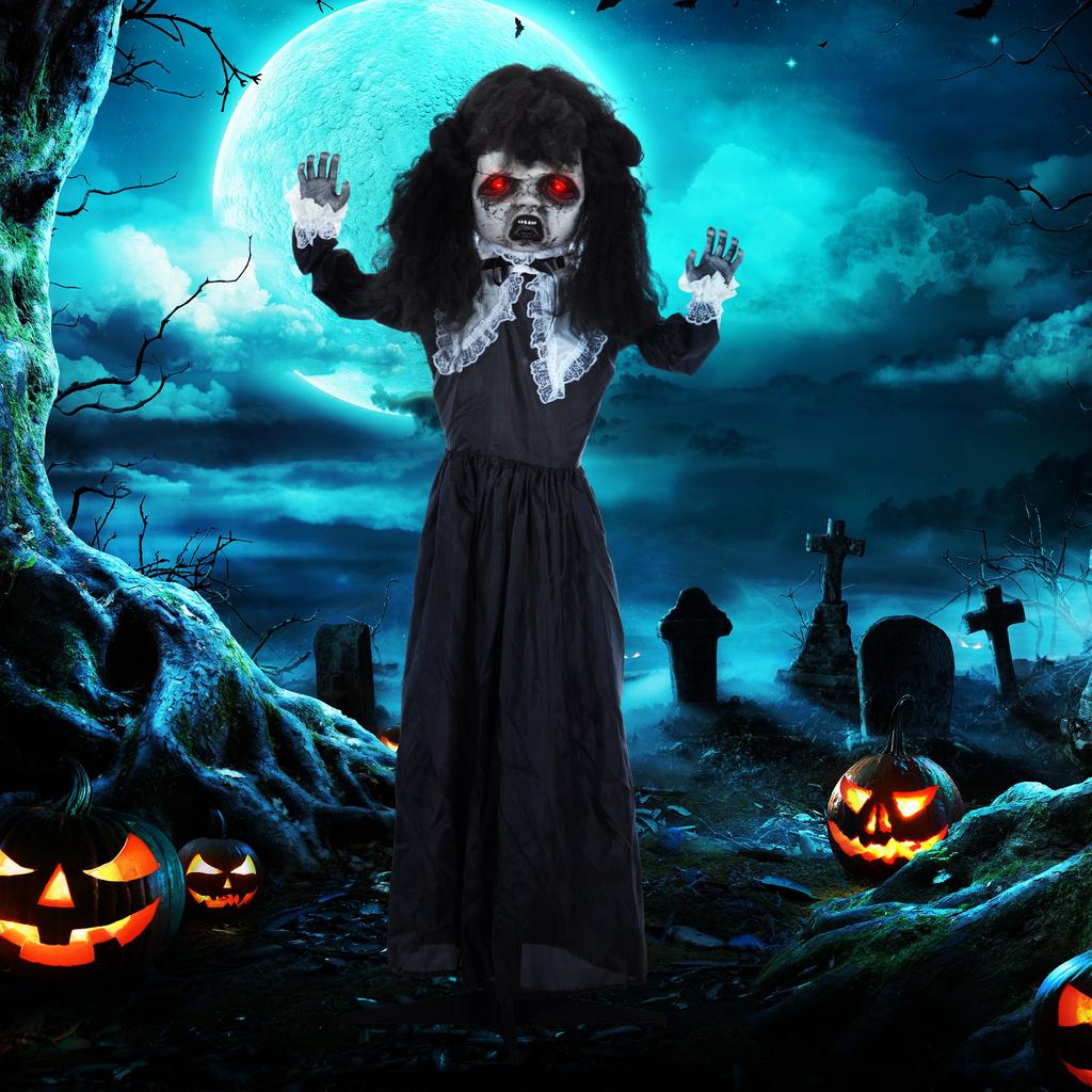 Horror doll, Halloween decoration, creepy voice & music, red eyes, movable, 160 cm