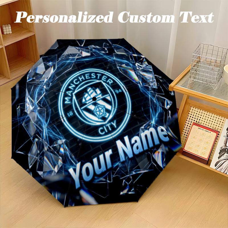 8 Rib Auto Folding Umbrella Manchester City Print Custom Name Text Portable Rain Gear