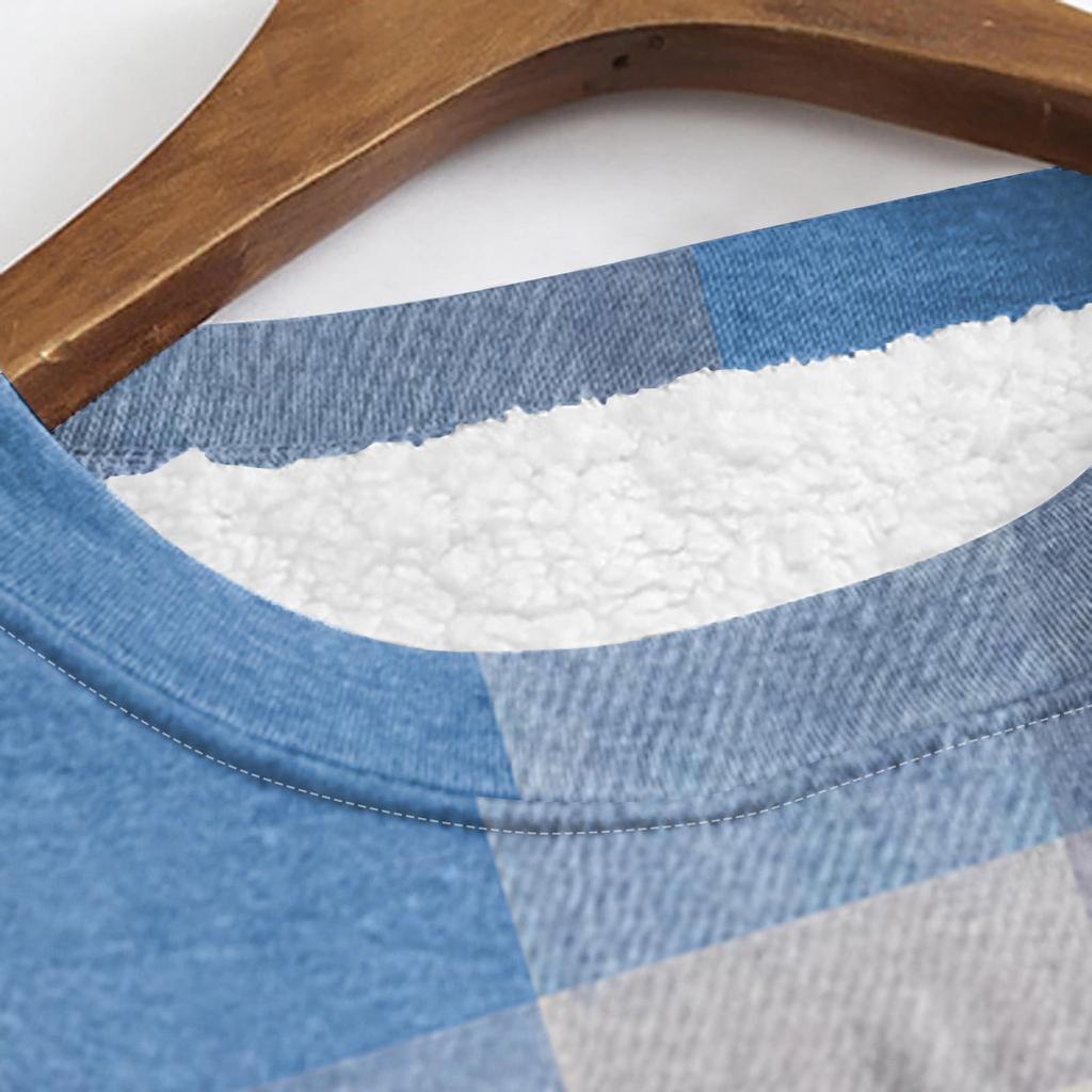 Dame Mote Rutete Trykk Rund Hals Langermet Plysj Vinter Varm Pullover Topp