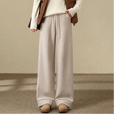 Women Cashmere Glutinous Rice Pants Autumn Winter Style High Waist Drooping Versatile Fleece Lined Floor Length Wide Leg Pants