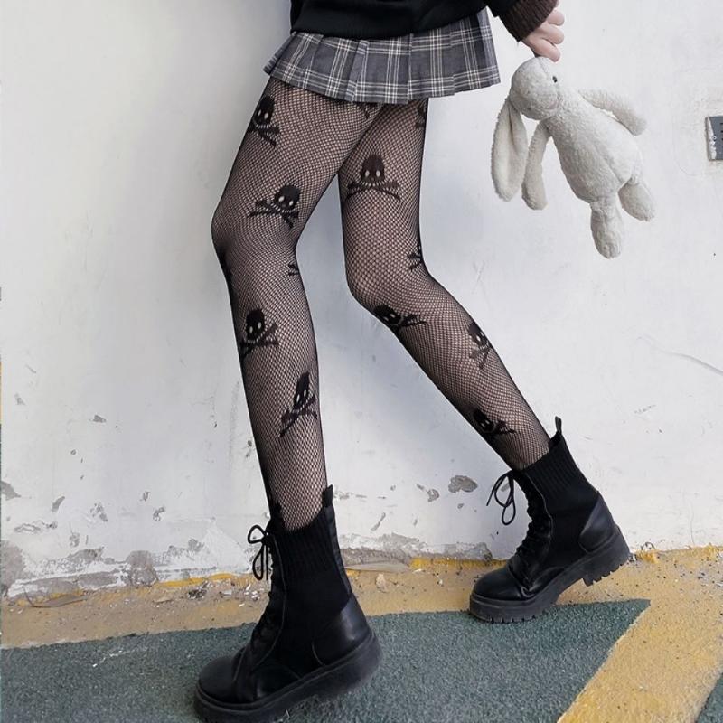 Sexy Strumpfhosen Damen Totenkopf Mystery Oberschenkelhoch Hohe Taille Strümpfe Gothic JK Lolita Netzstrumpfhosen Damen Geschenke