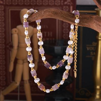 Vintage Vintage Jewelry Natural Stone Beads Beaded Accessories Purple Crystal Titanium Steel Round Bead Necklace