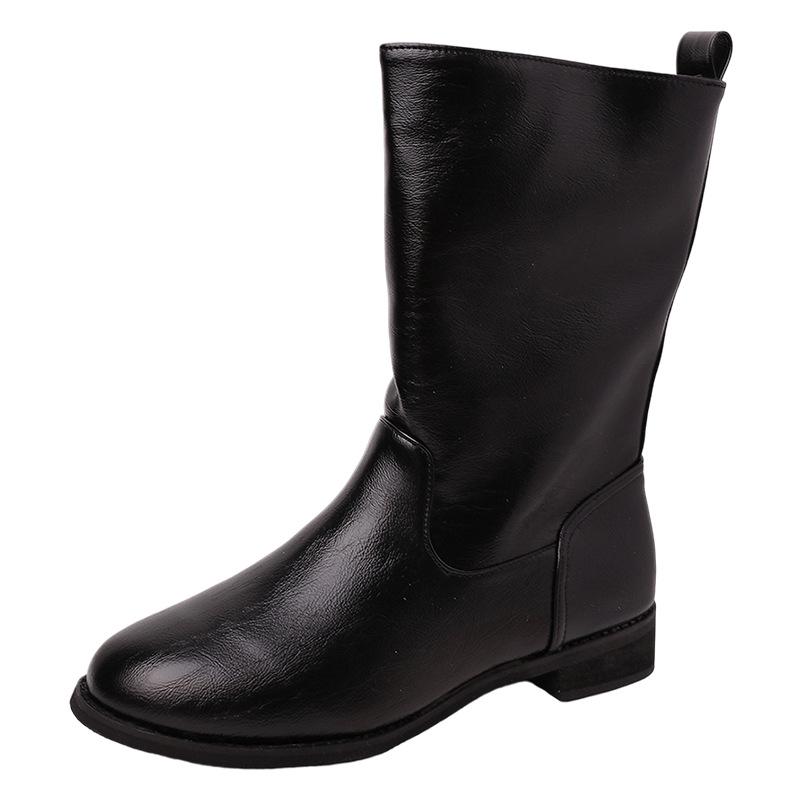 Korean version of retro versatile round head leather boots thick heel high heel medium boots women's autumn and winter white and thin motorcycle boo