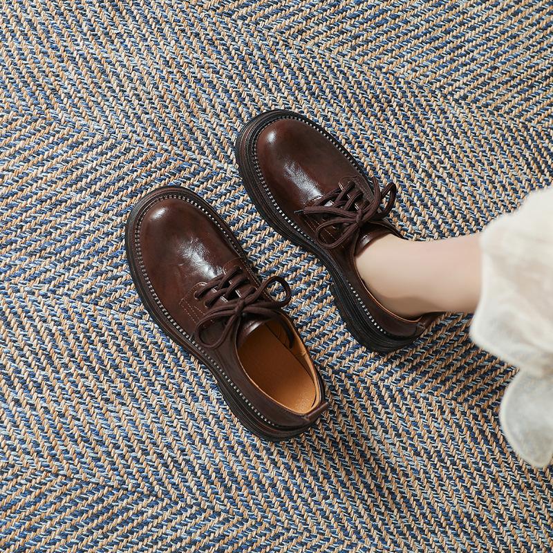 Small Leather Shoes Women's 2025 Spring Lace-up Retro British Style Round Head Thick Heel Single Shoes High-end Polished Loafers