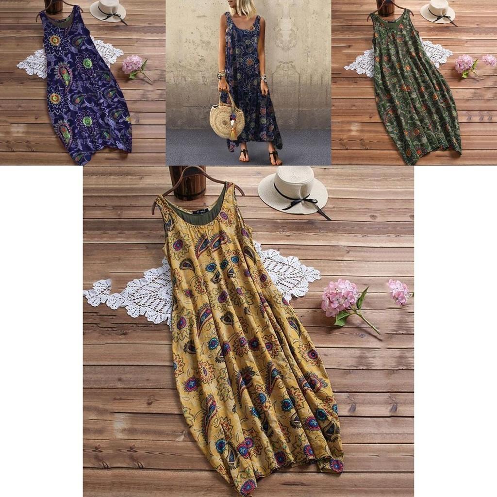 Elegant Womens Summer Sleeveless Holiday Long Boho Kaftan Tank Dress For Beach