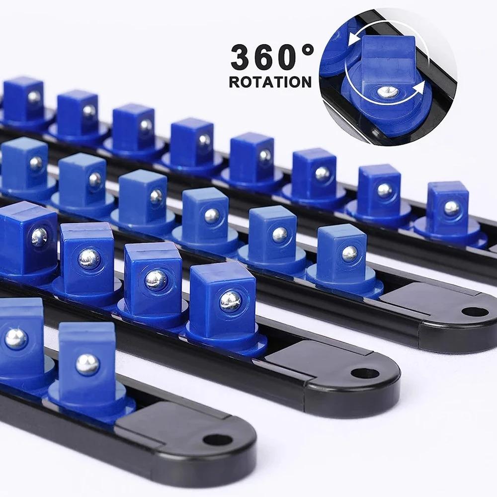 ABS Socket Organizer 360° Swivel 1/4Inch 3/8Inch 1/2Inch Premium Quality Socket Clip Rail Holder Socket Organizer Tools Blue