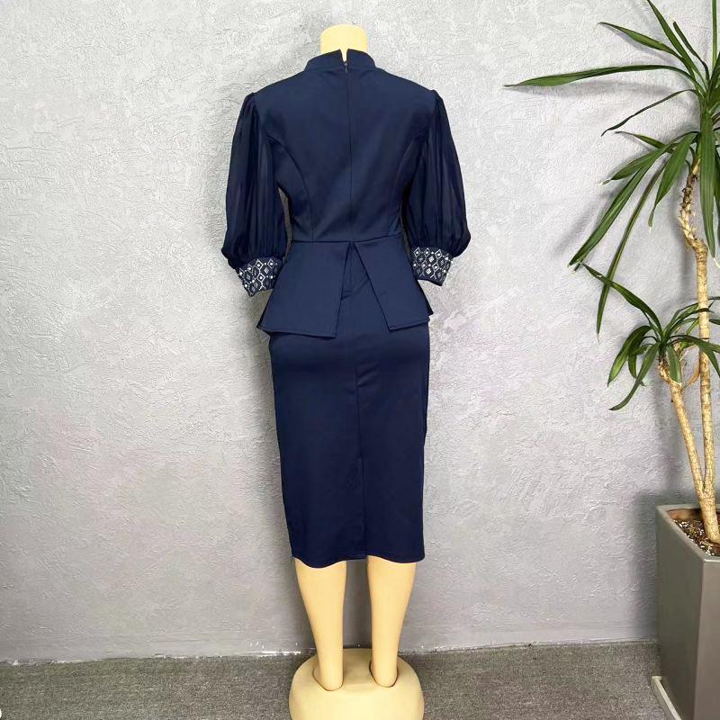 African Women's High-End Beaded Lantern Sleeve Dress