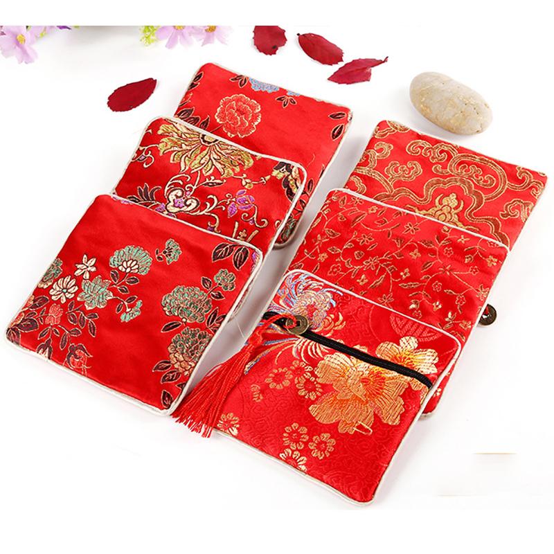 Chinese Brocade Jewelry Storage Bag Handmade Silk Embroidery Padded Small Zipper Tassel Jewelry Organizer Pouch Satin Gift Bag