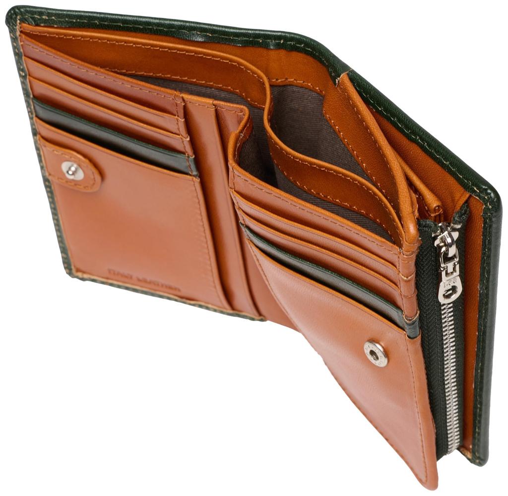 Lee Falcon Large Zippered Bifold Wallet with Double Holds and Electronic Made of Premium Italian Product Green Stitching, Coins, Cards, Bills, Money,